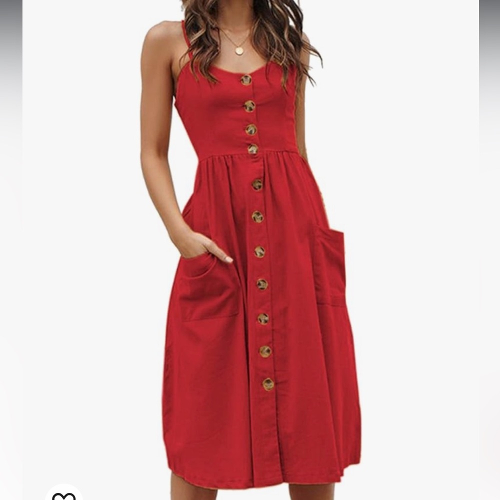 Angashion Red Summer Bohemian Spaghetti Strap Button Down Swing Midi Dress